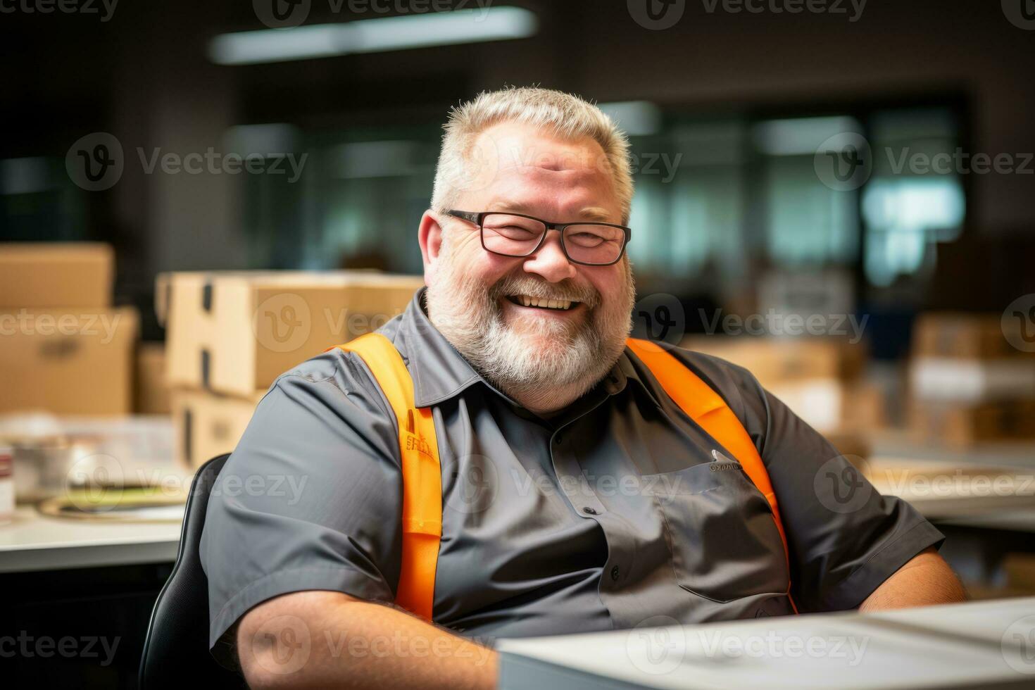 a smiling man in an orange vest sitting at a desk generative ai photo