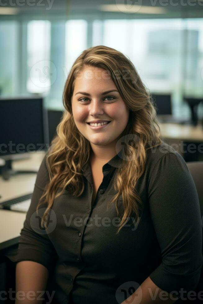 a smiling woman in a black shirt sitting at a desk generative ai photo