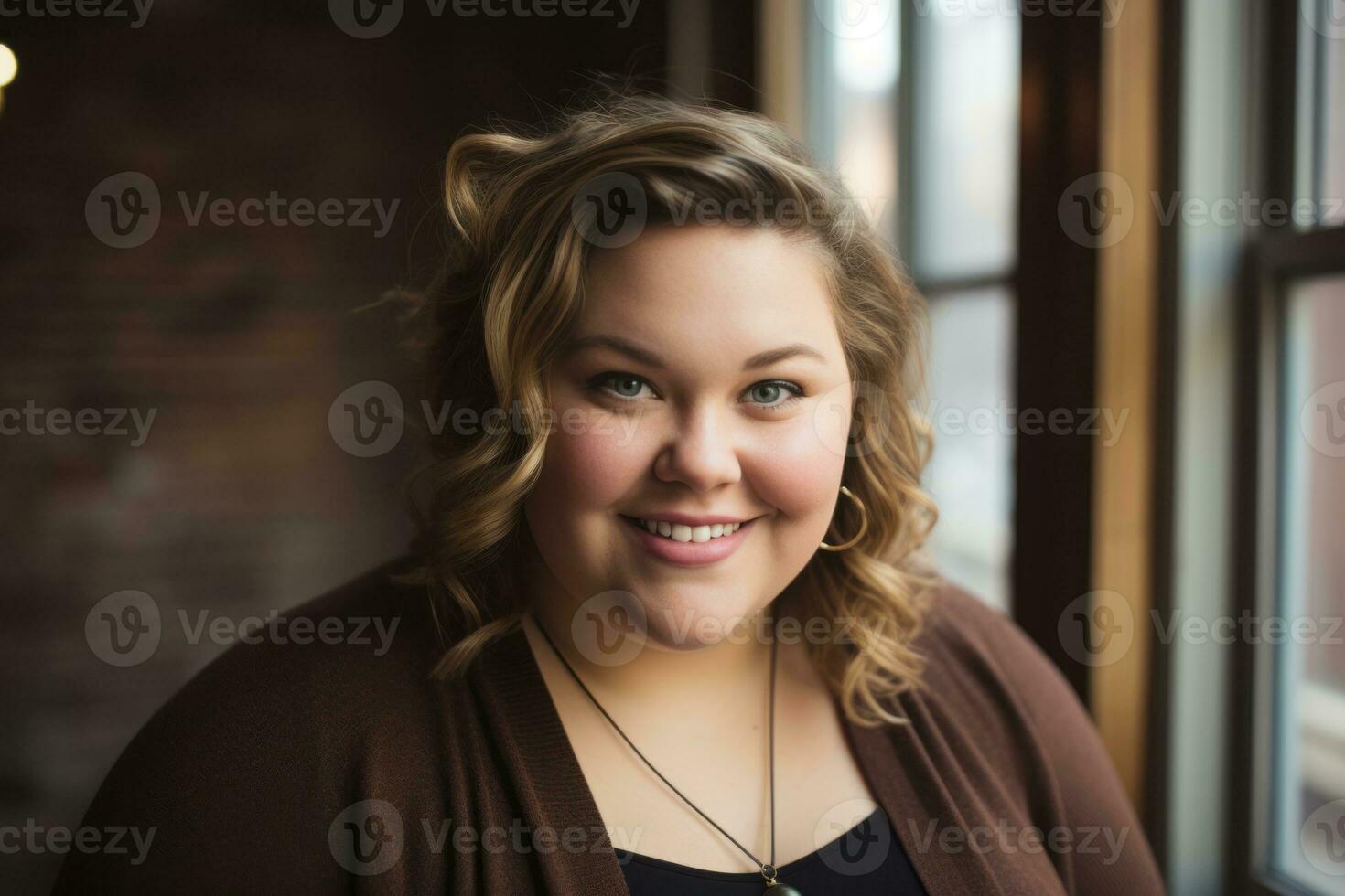a smiling woman in a brown sweater standing in front of a window generative ai photo