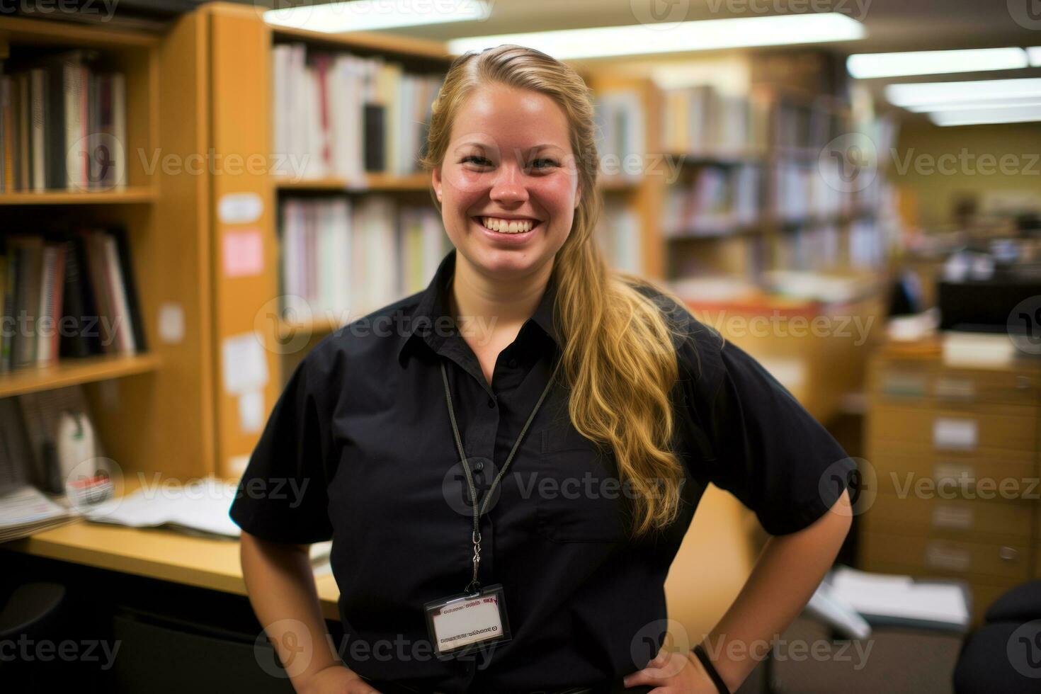 a smiling woman in a library generative ai photo