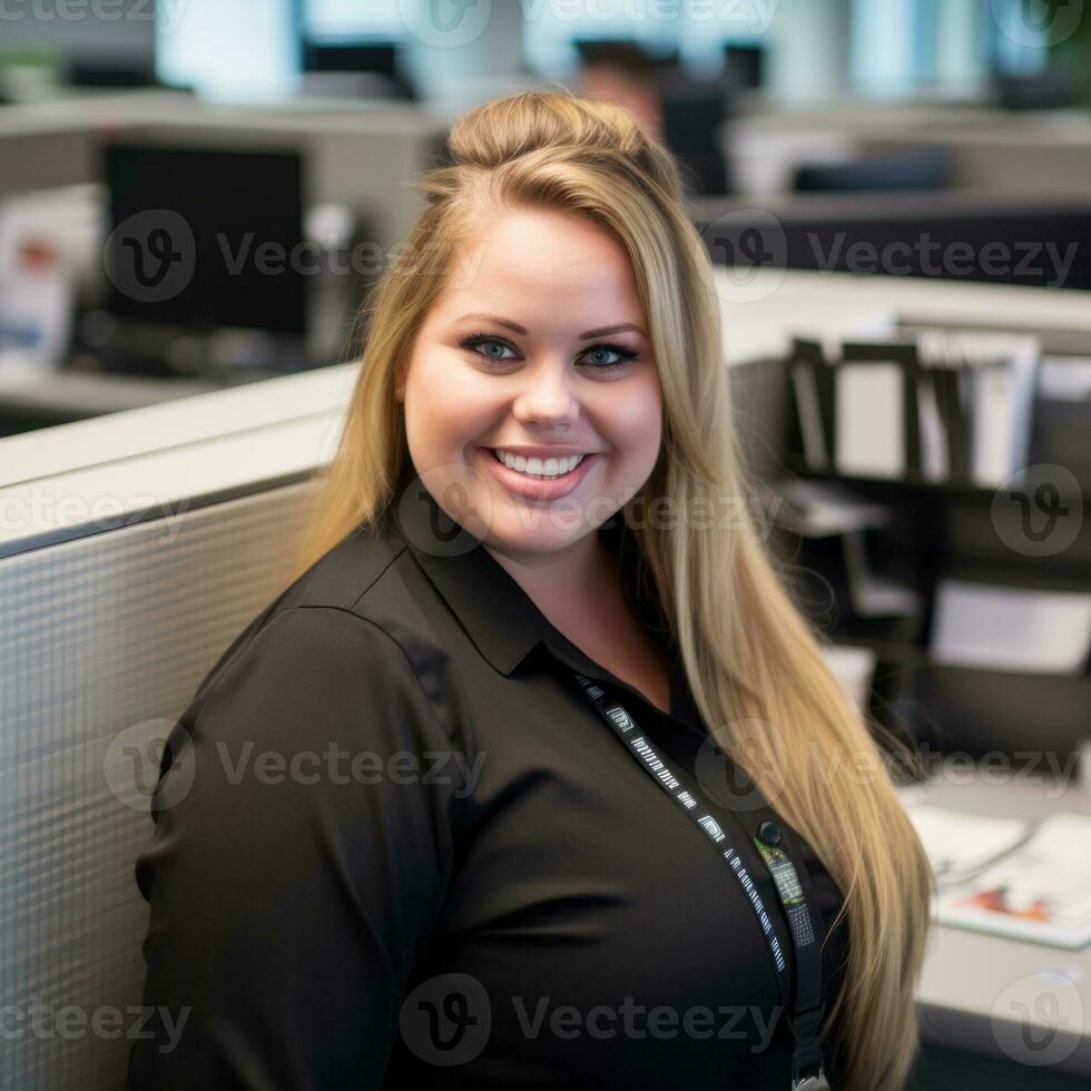 a smiling woman in an office cubicle generative ai photo
