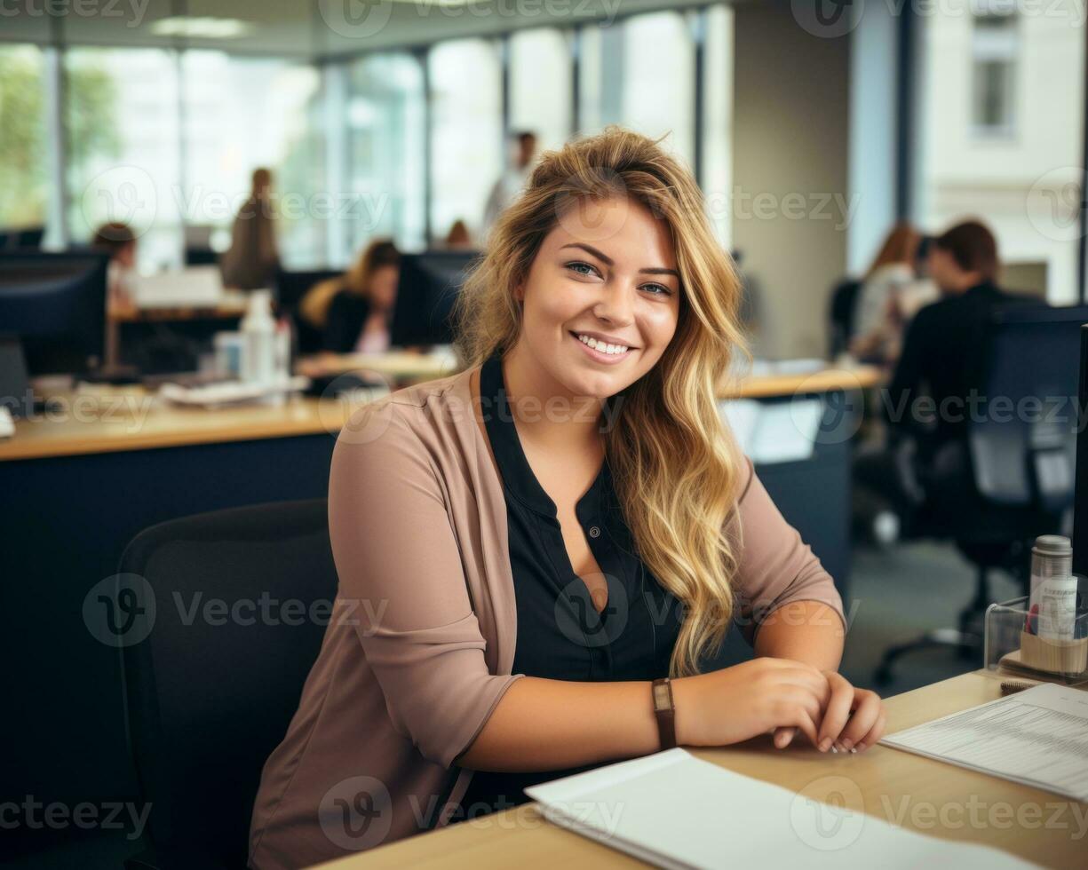 a smiling woman sitting at a desk in an office generative ai photo
