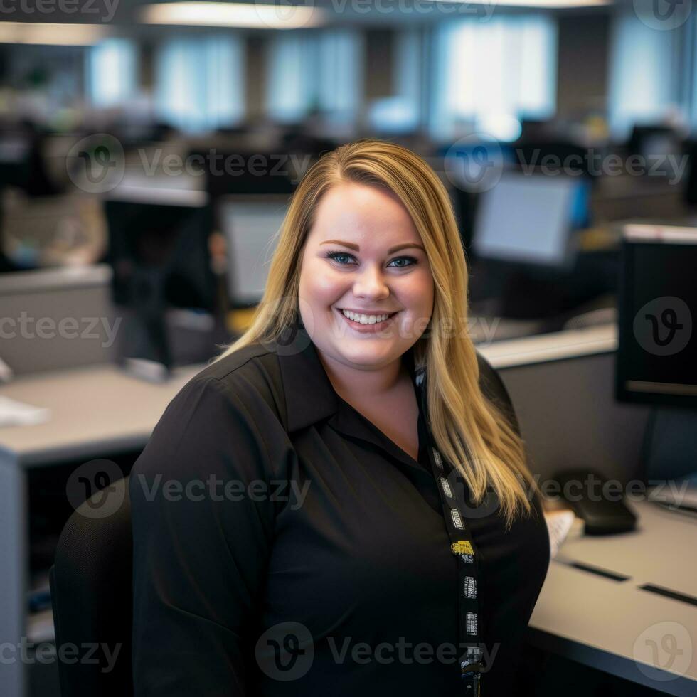 a smiling woman sitting at a desk in an office generative ai photo