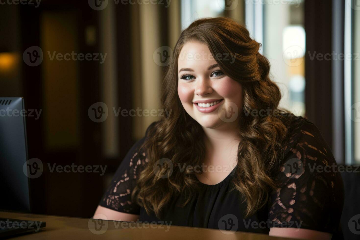 a smiling woman sitting at a desk in front of a computer generative ai photo