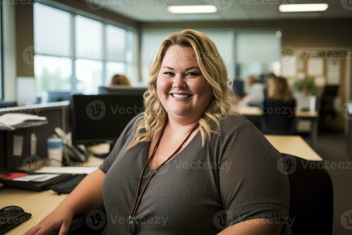 a smiling woman sitting at a desk in an office generative ai photo