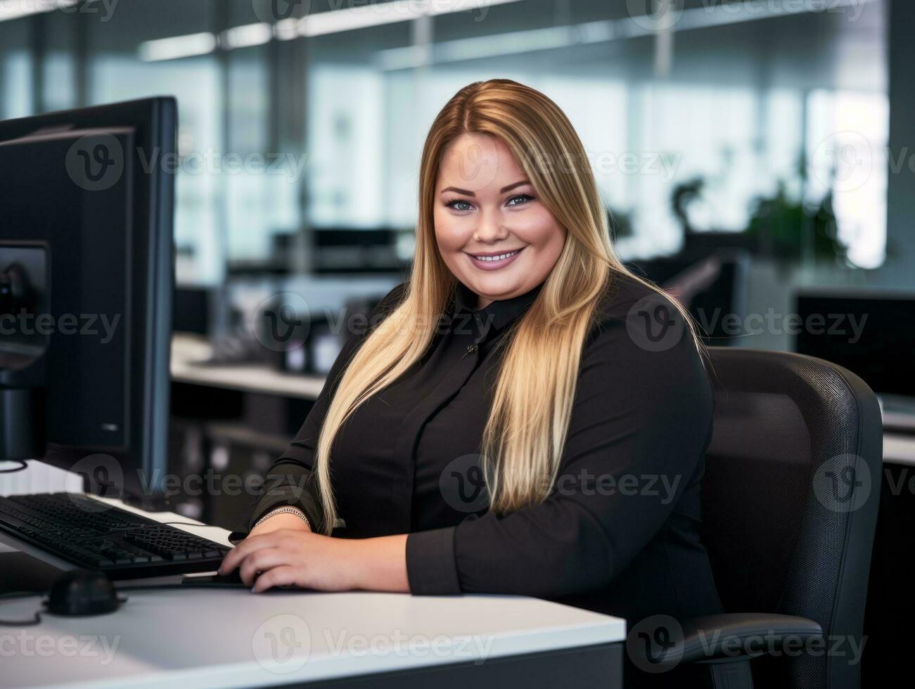 a smiling woman sitting at a desk in front of a computer generative ai photo
