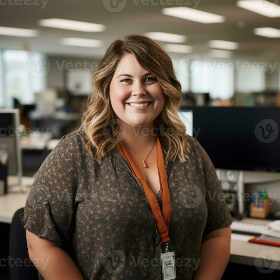 a smiling woman standing in front of a desk in an office generative ai photo