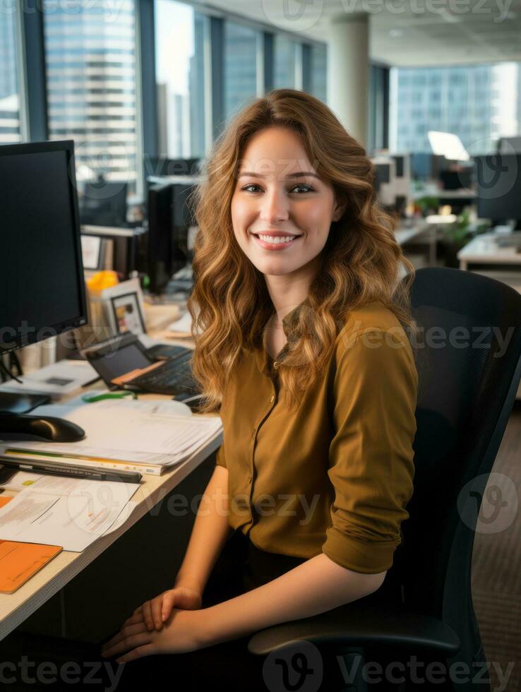 a smiling young woman sitting at a desk in an office generative ai photo