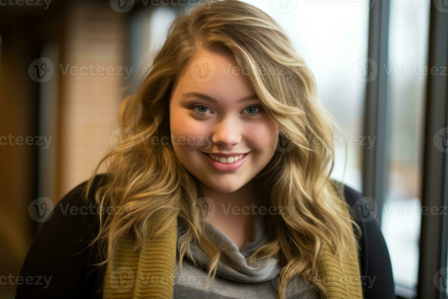 a smiling young woman with long hair standing in front of a window generative ai photo