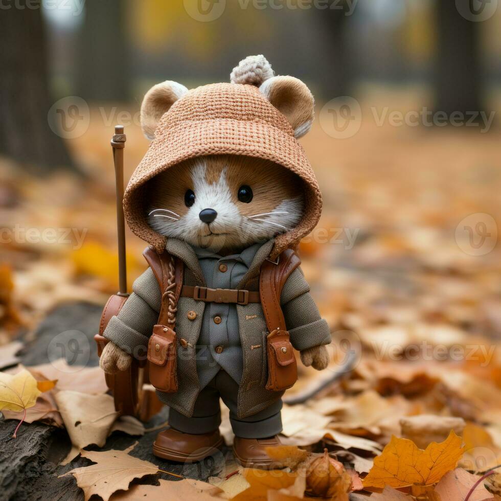 a stuffed animal wearing a coat and hat in the fall generative ai photo