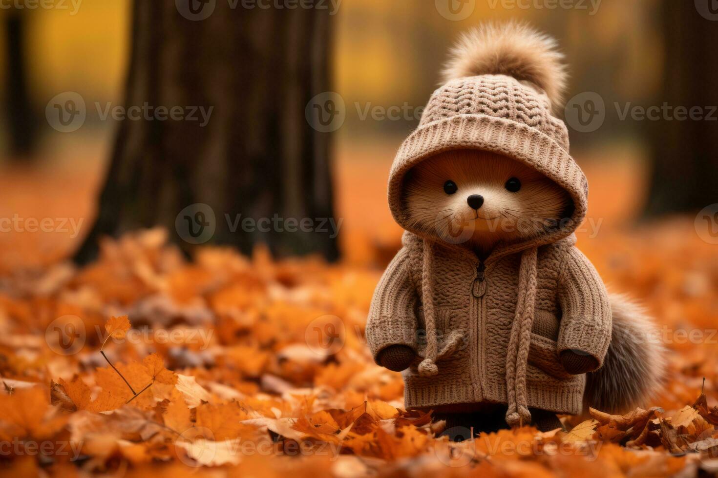 a stuffed animal wearing a sweater and hat in the autumn leaves generative ai photo