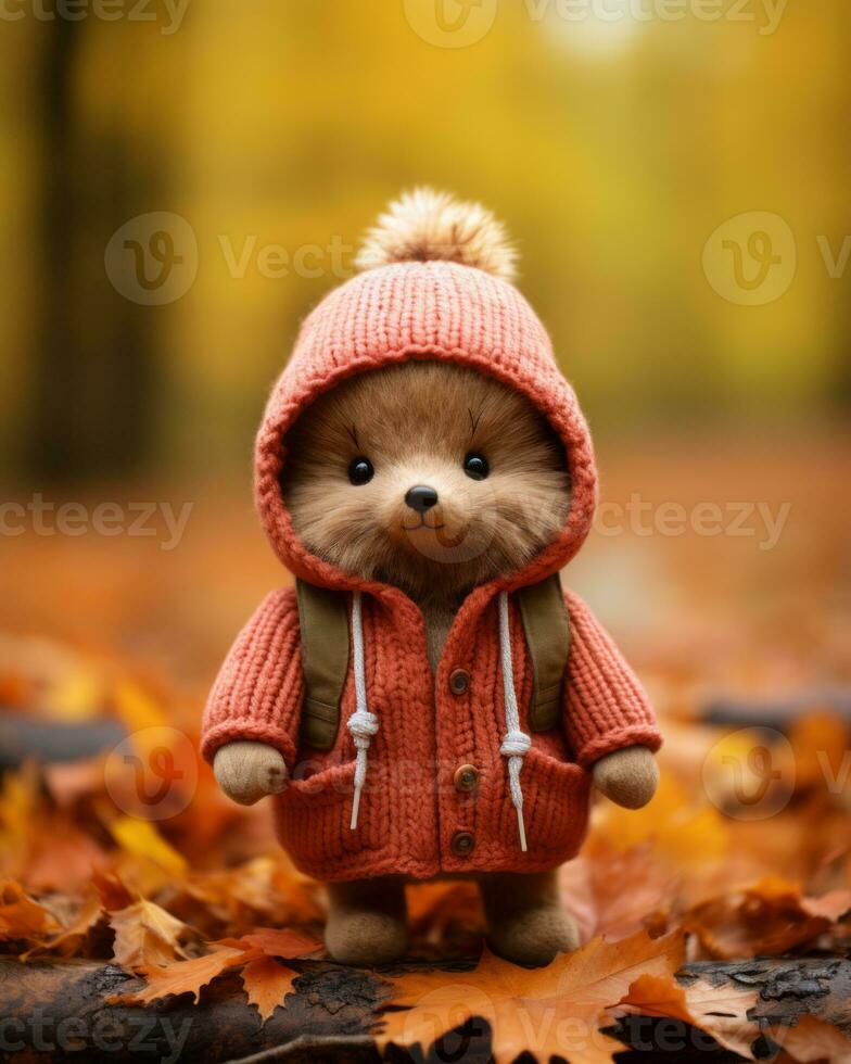 a teddy bear dressed in an orange sweater and jacket generative ai photo