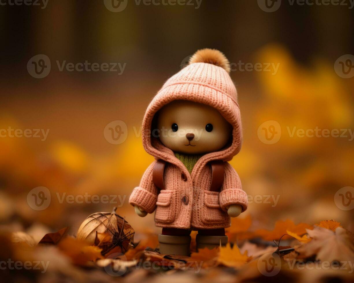 a teddy bear in a pink coat standing in a pile of fallen leaves generative ai photo