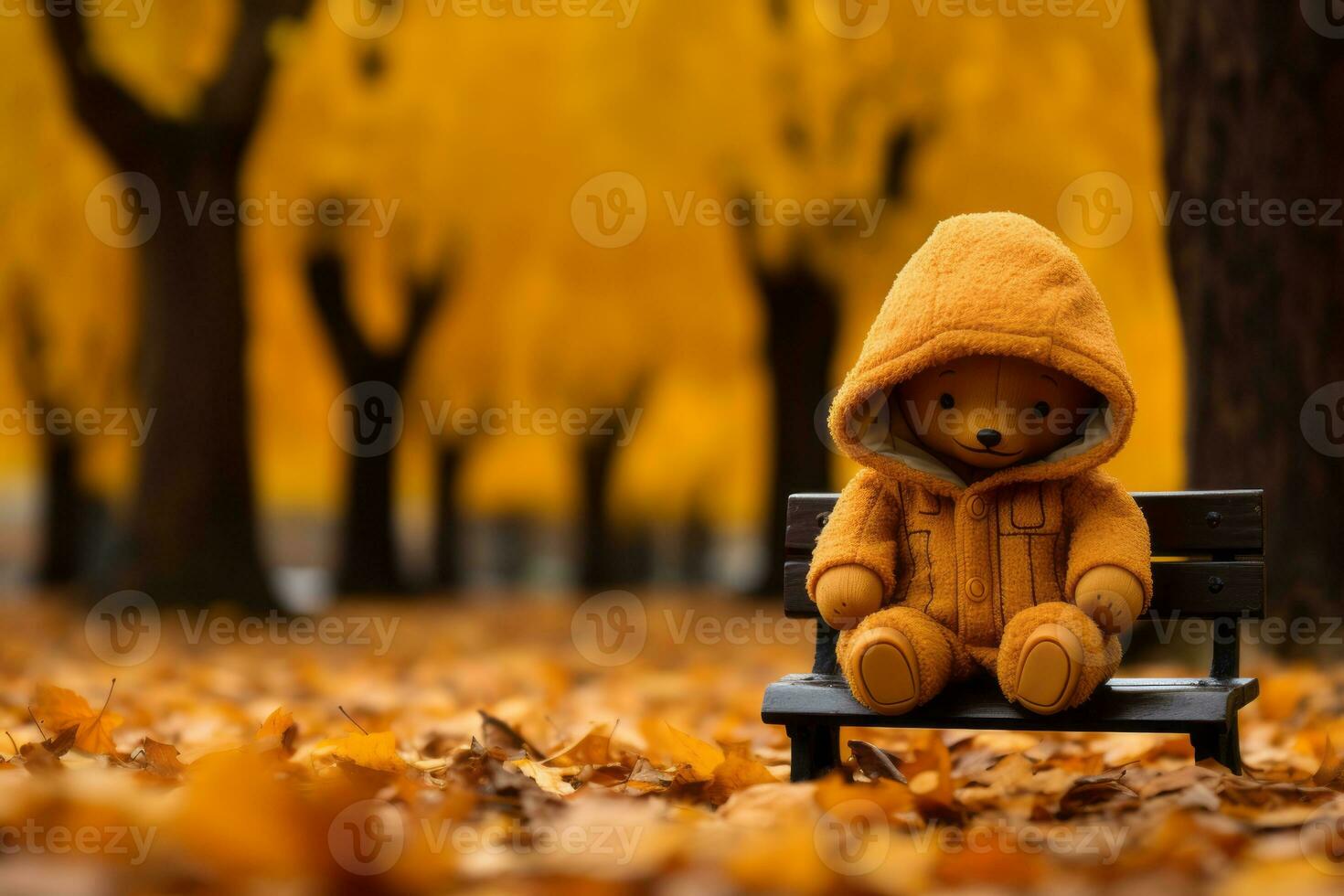 a teddy bear in a hooded jacket sitting on a bench generative ai photo