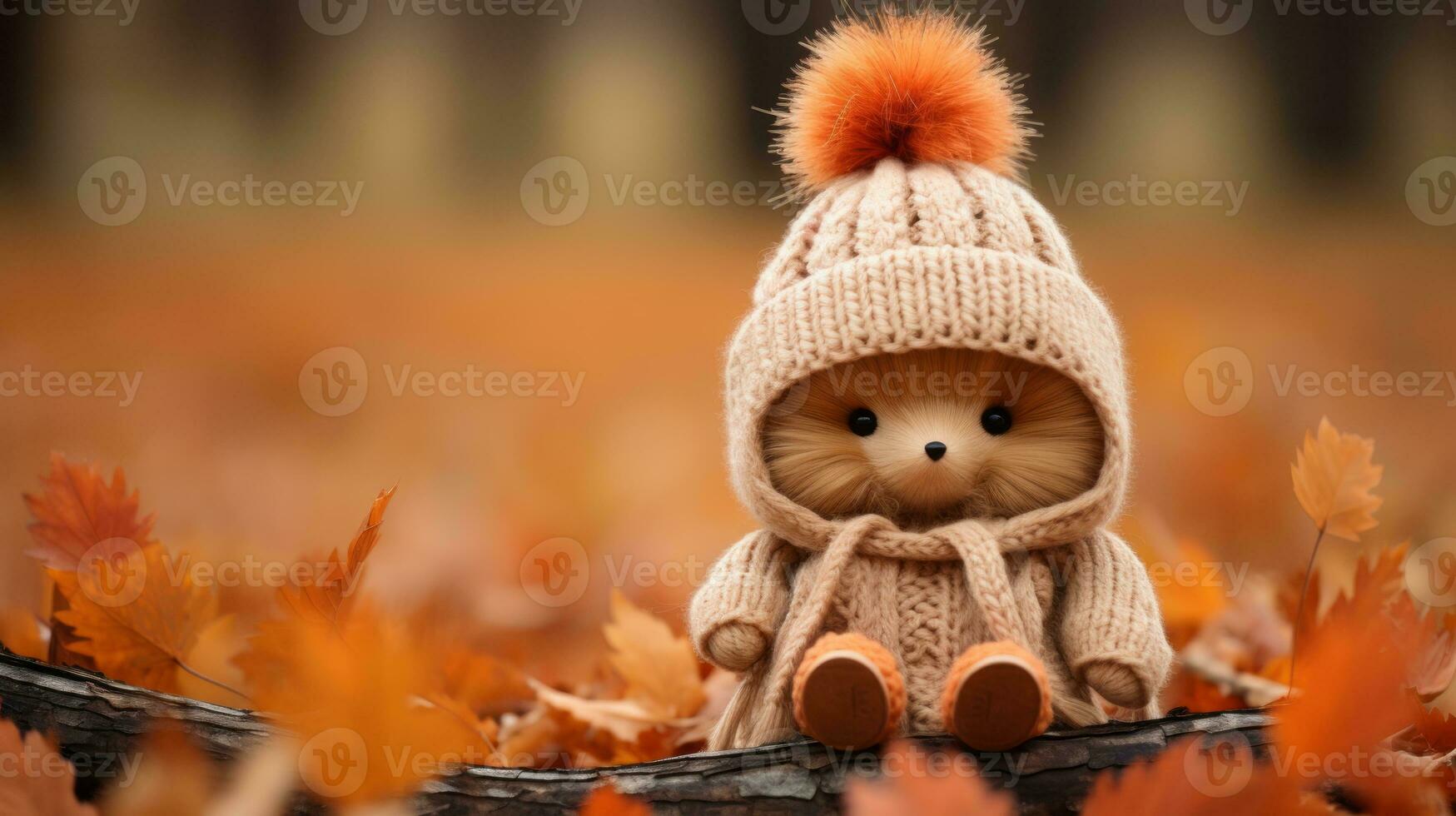 a teddy bear wearing a knitted hat sits on a fallen tree generative ai photo