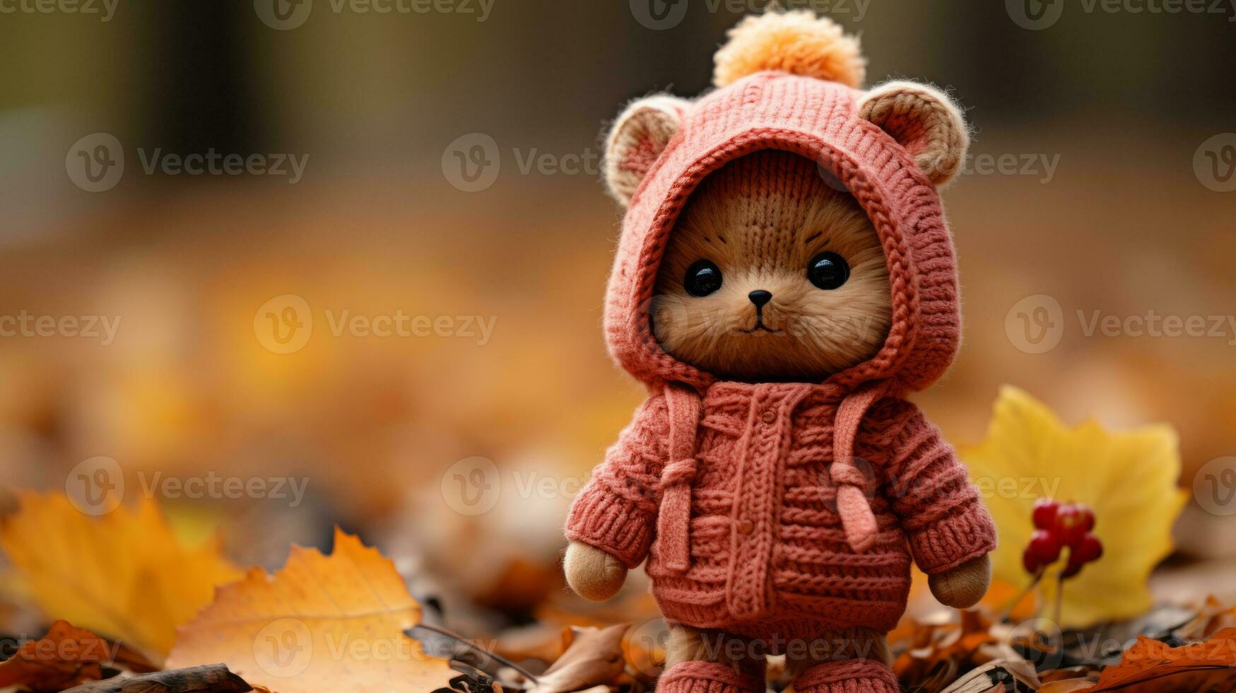 a teddy bear wearing a pink jacket and sitting on the ground surrounded by autumn leaves generative ai photo