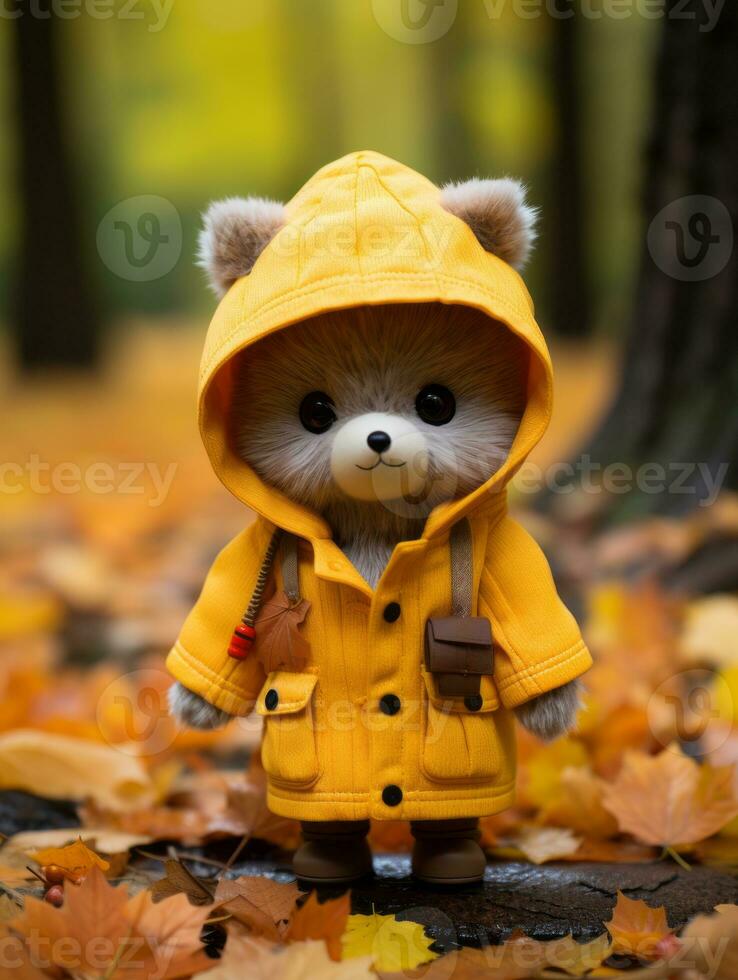 a teddy bear wearing a yellow raincoat in the woods generative ai