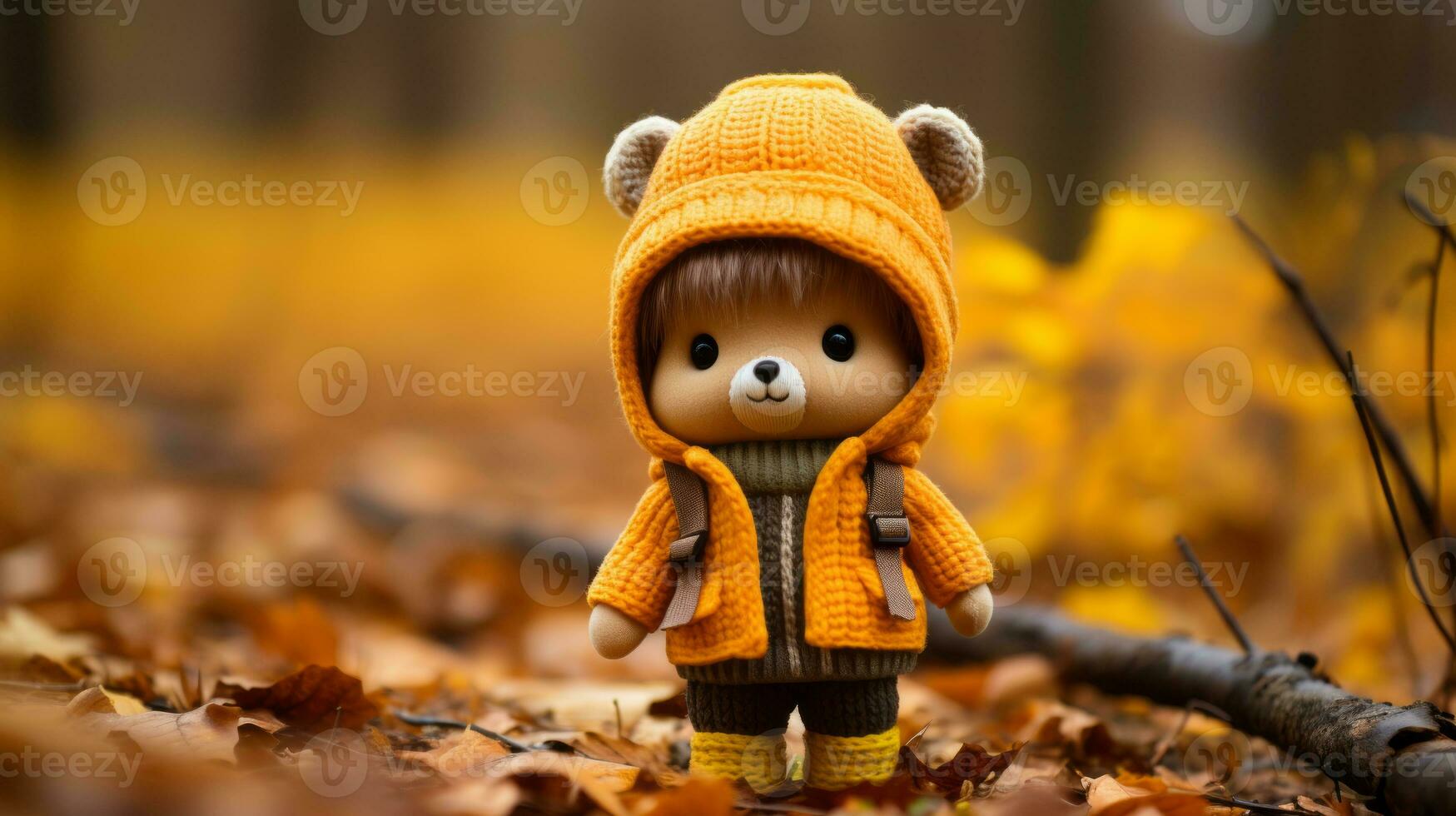 a teddy bear wearing an orange coat standing in the leaves generative ai photo