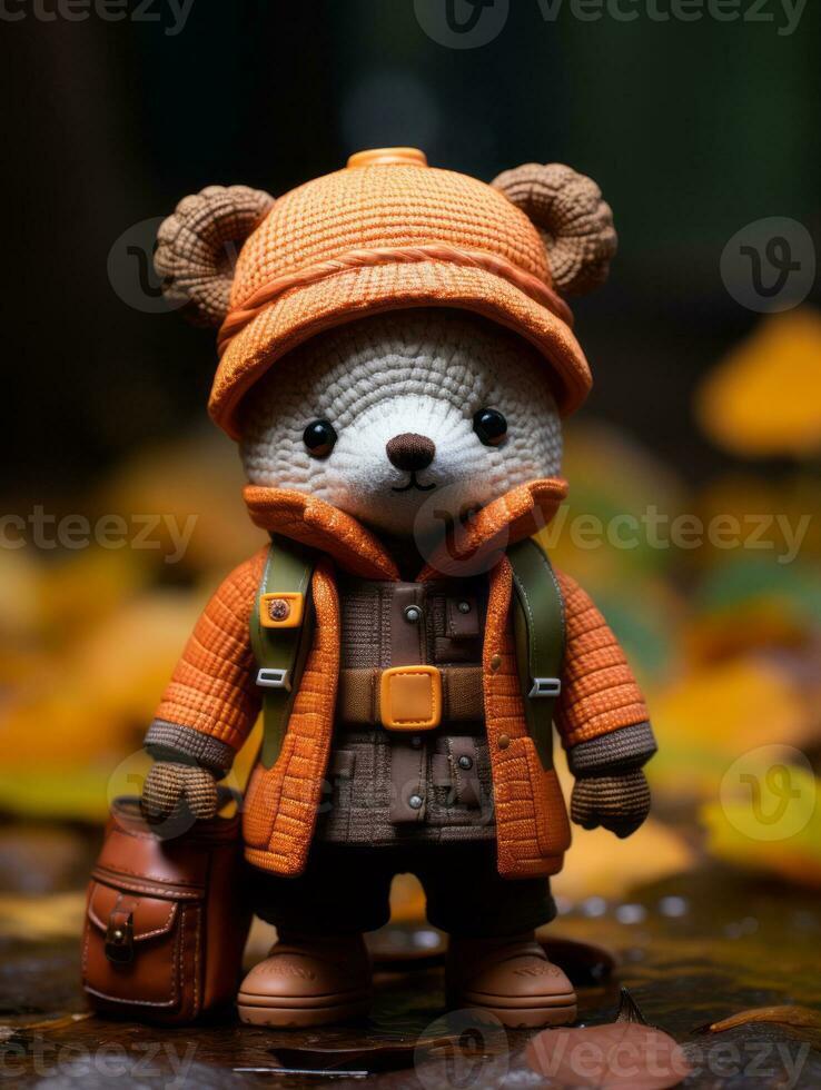 a toy bear wearing an orange coat and hat generative ai photo