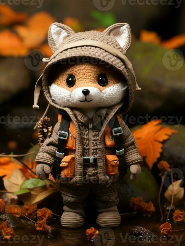 a toy fox wearing an orange jacket and hat generative ai photo