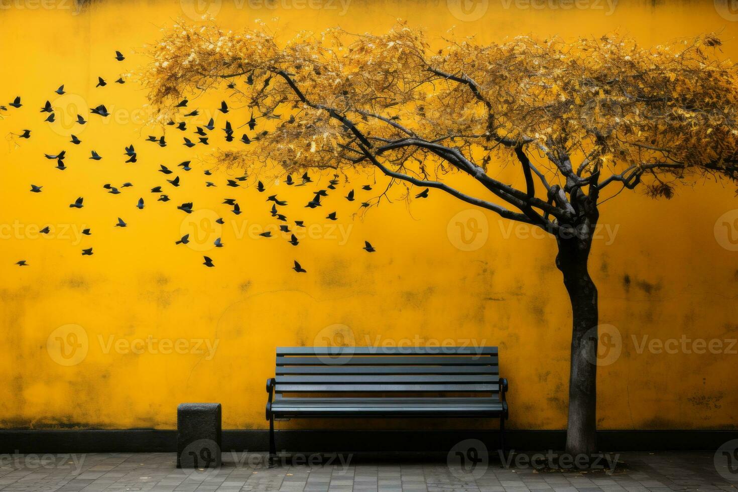 a tree with birds flying around it and a bench in front of it generative ai photo