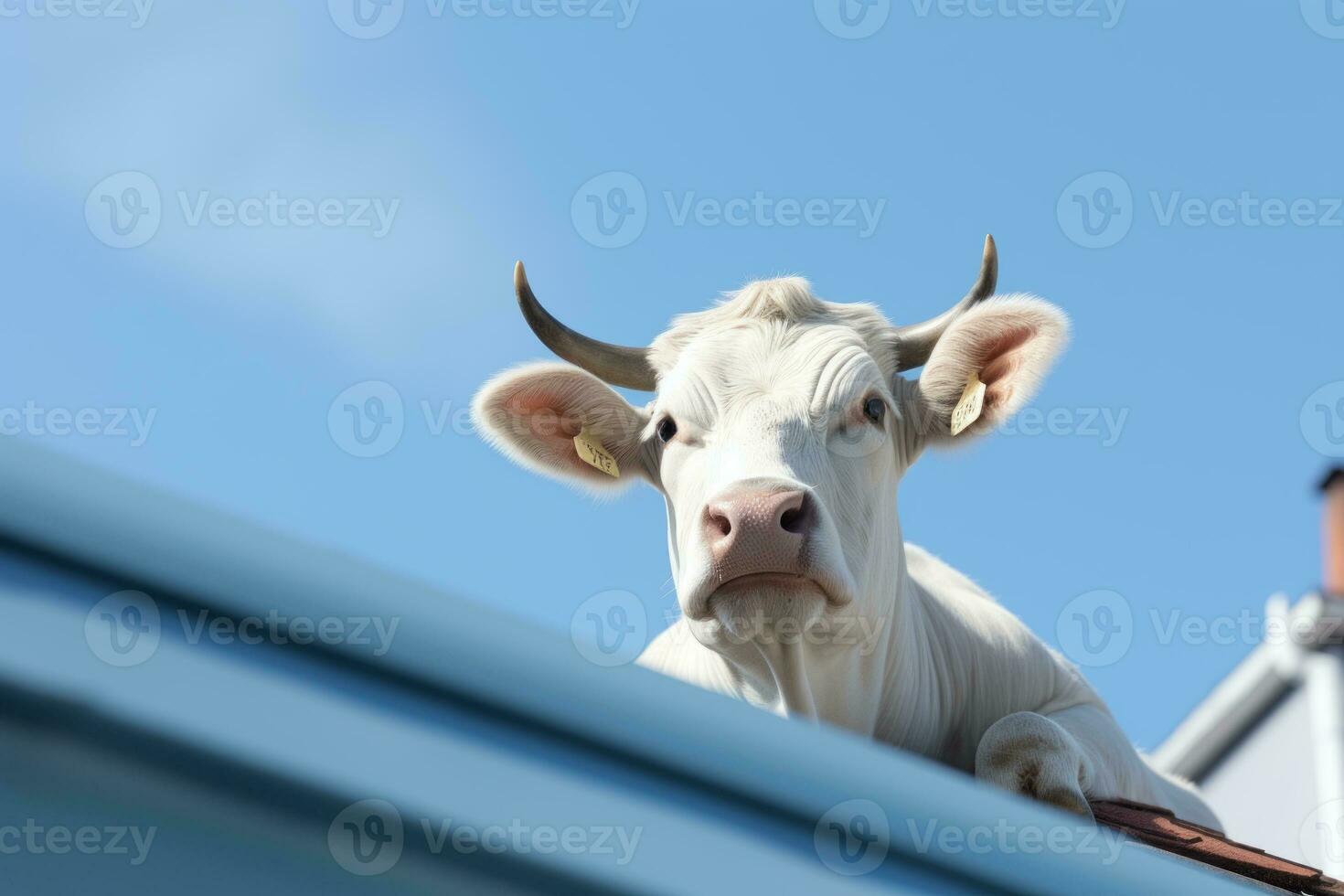 a white cow on top of a roof with a blue sky in the background generative ai photo