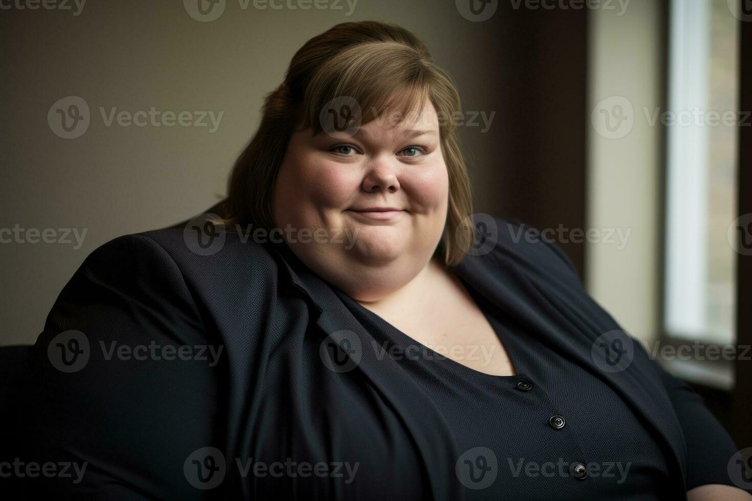 a woman in a black blazer sitting in front of a window generative ai photo