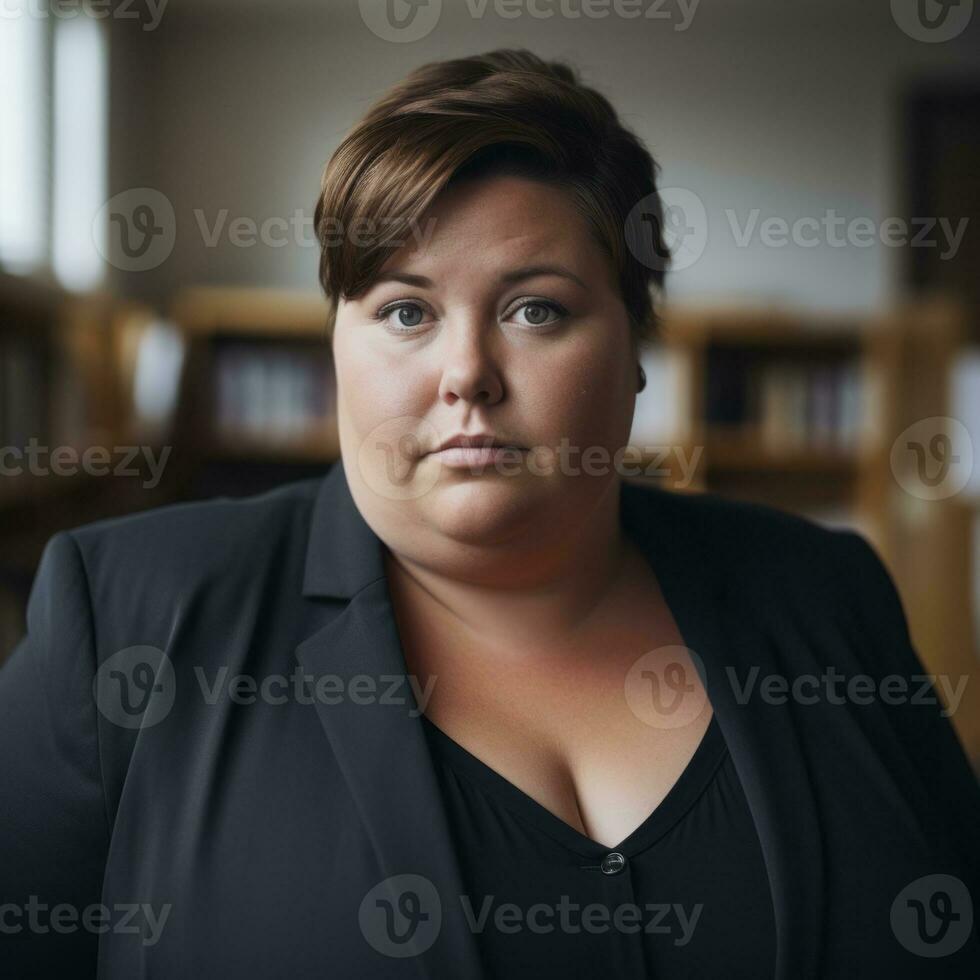 a woman in a black blazer standing in front of bookshelves generative ai photo