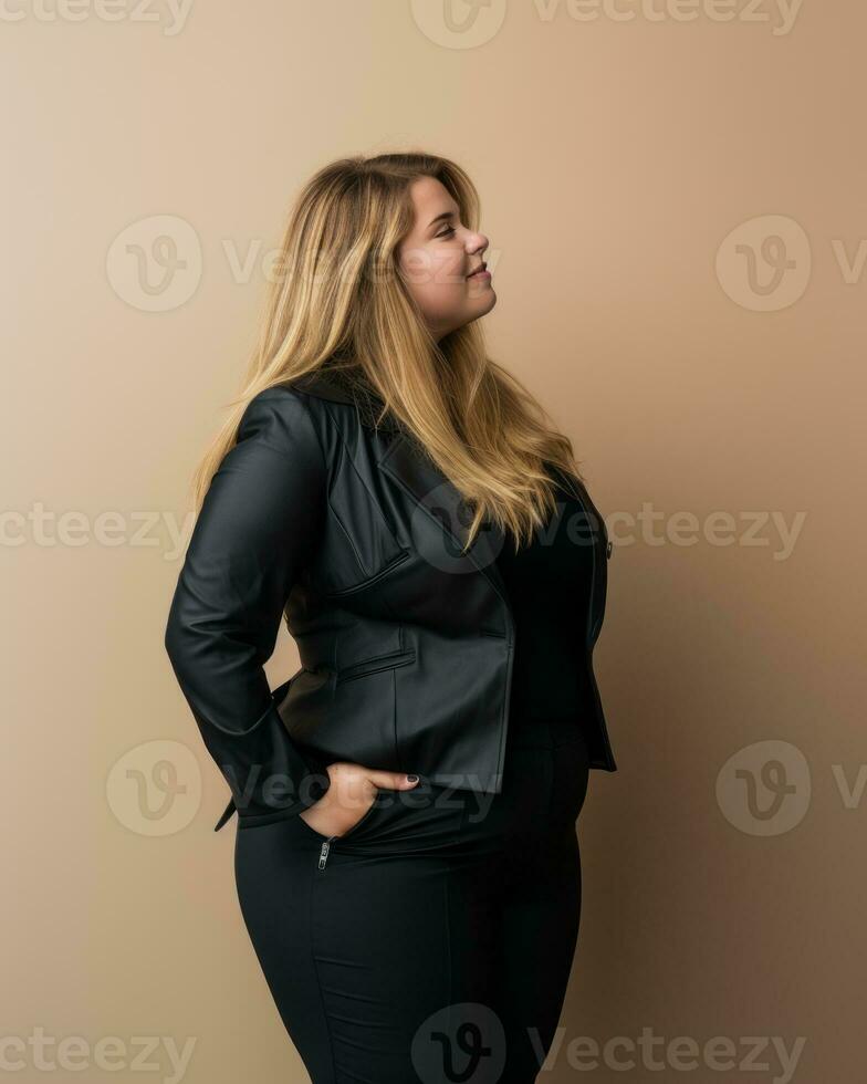 a woman in a black leather jacket standing against a beige background generative ai photo