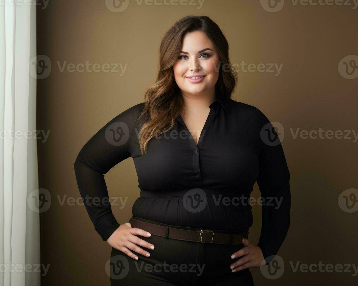 a woman in a black shirt and pants standing in front of a window generative ai photo