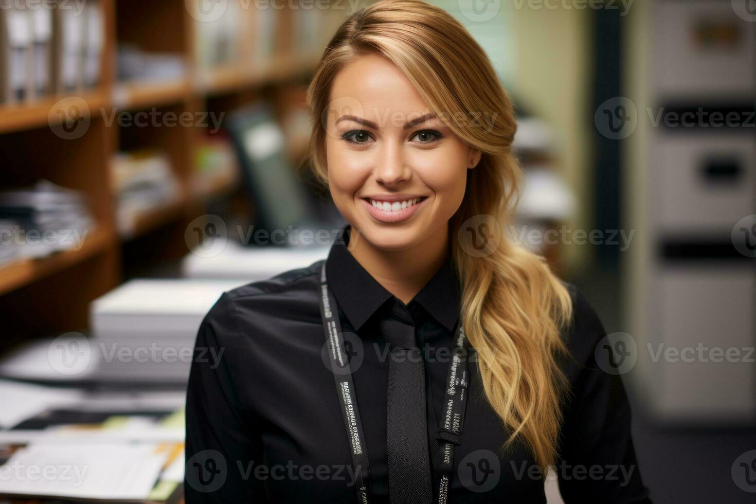 a woman in a black shirt and tie standing in front of a file cabinet generative ai photo