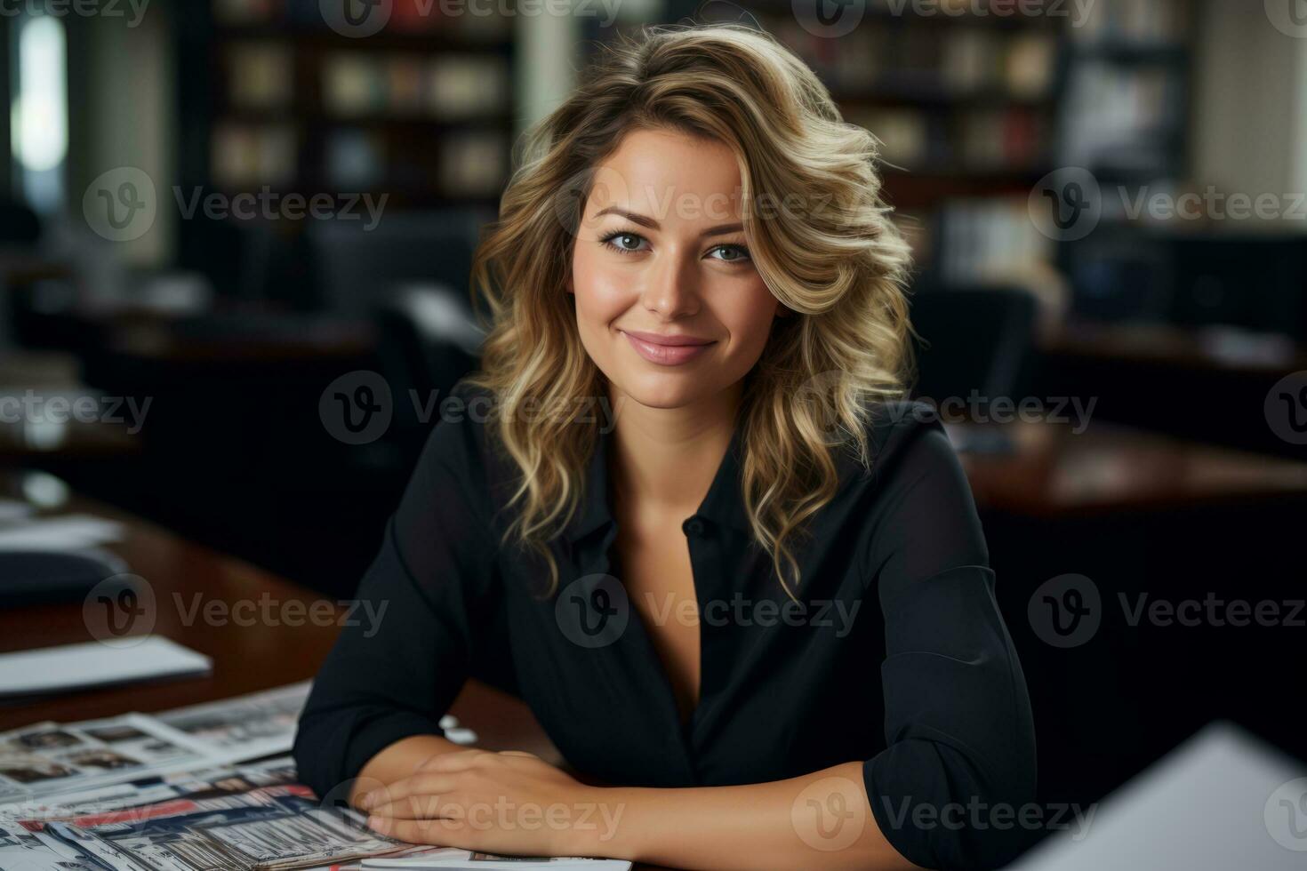 a woman in a black shirt sitting at a desk in front of bookshelves generative ai photo