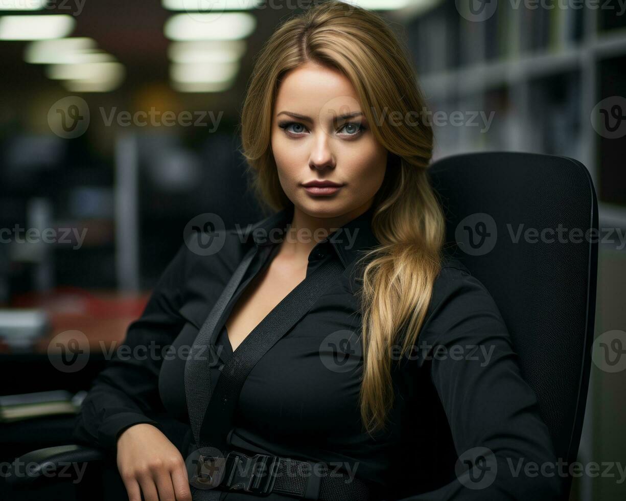 a woman in a black shirt sitting in an office chair generative ai photo