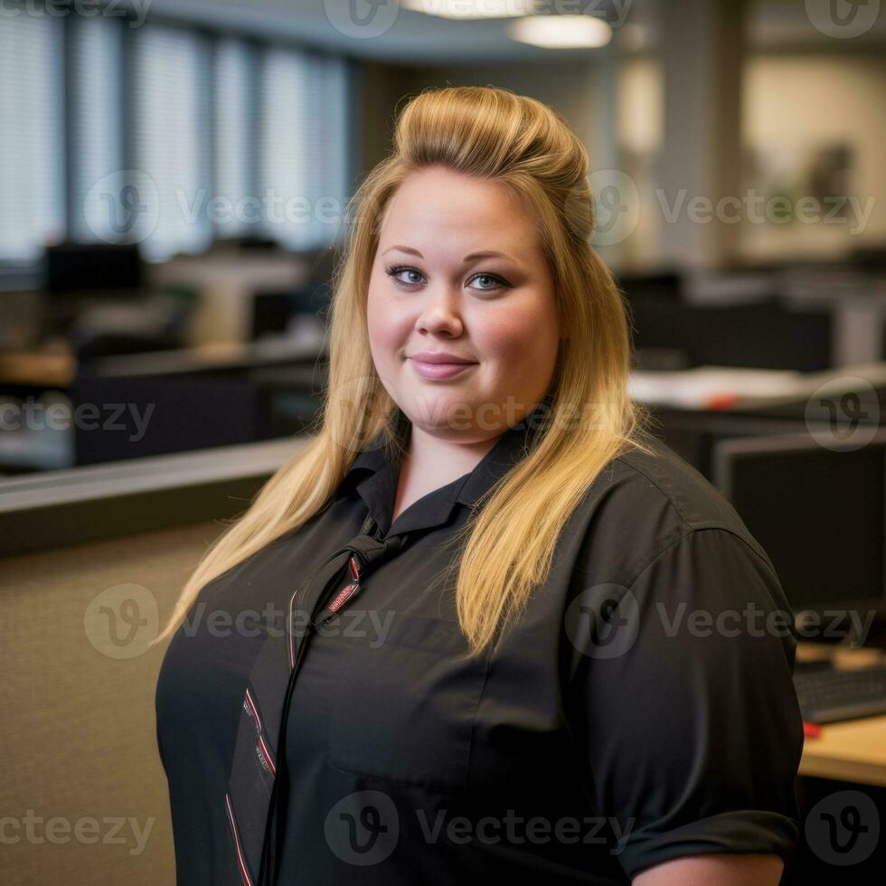 a woman in a black shirt standing in an office generative ai photo