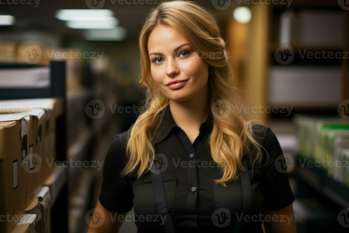 a woman in a black shirt standing in front of a file cabinet generative ai photo