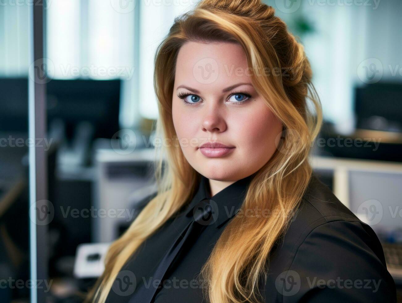 a woman in a black shirt standing in front of a computer generative ai photo