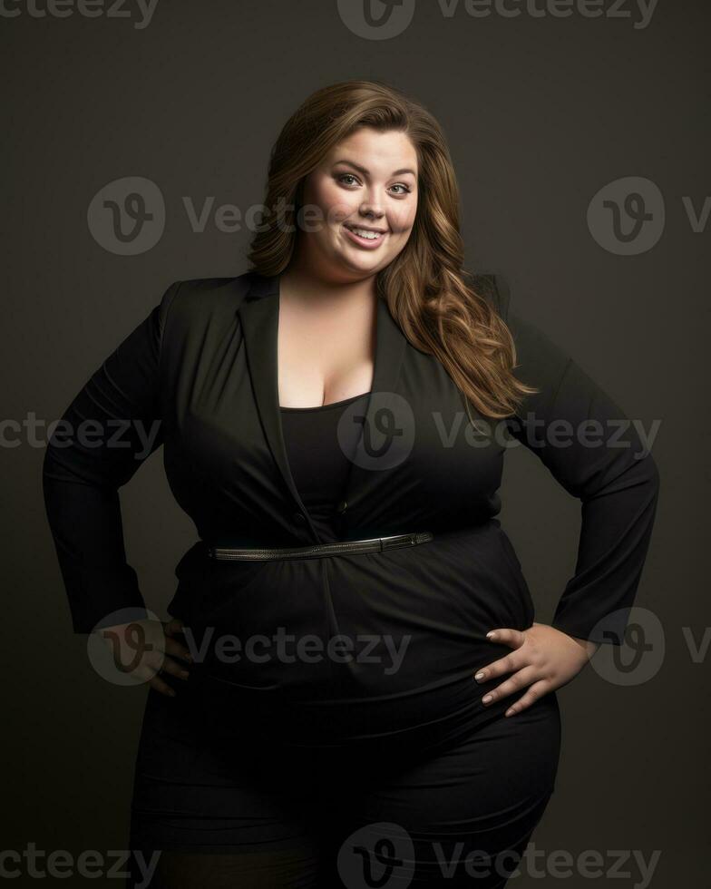 a woman in a black suit posing for the camera generative ai photo