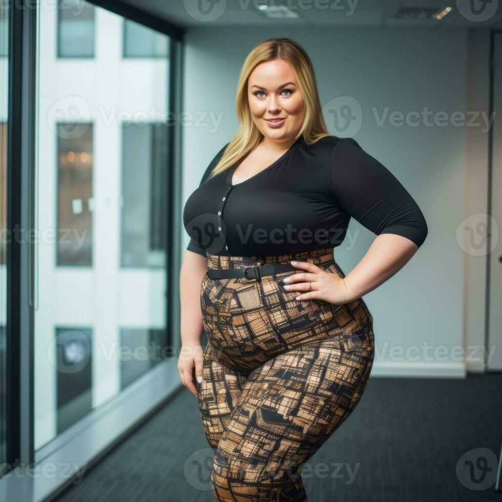 a woman in a black top and patterned leggings posing for the camera generative ai photo