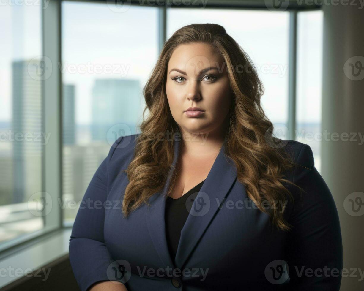 a woman in a blue blazer standing in front of a window generative ai photo
