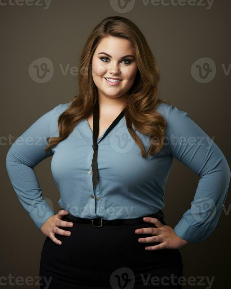 a woman in a blue shirt and black skirt posing for the camera generative ai photo