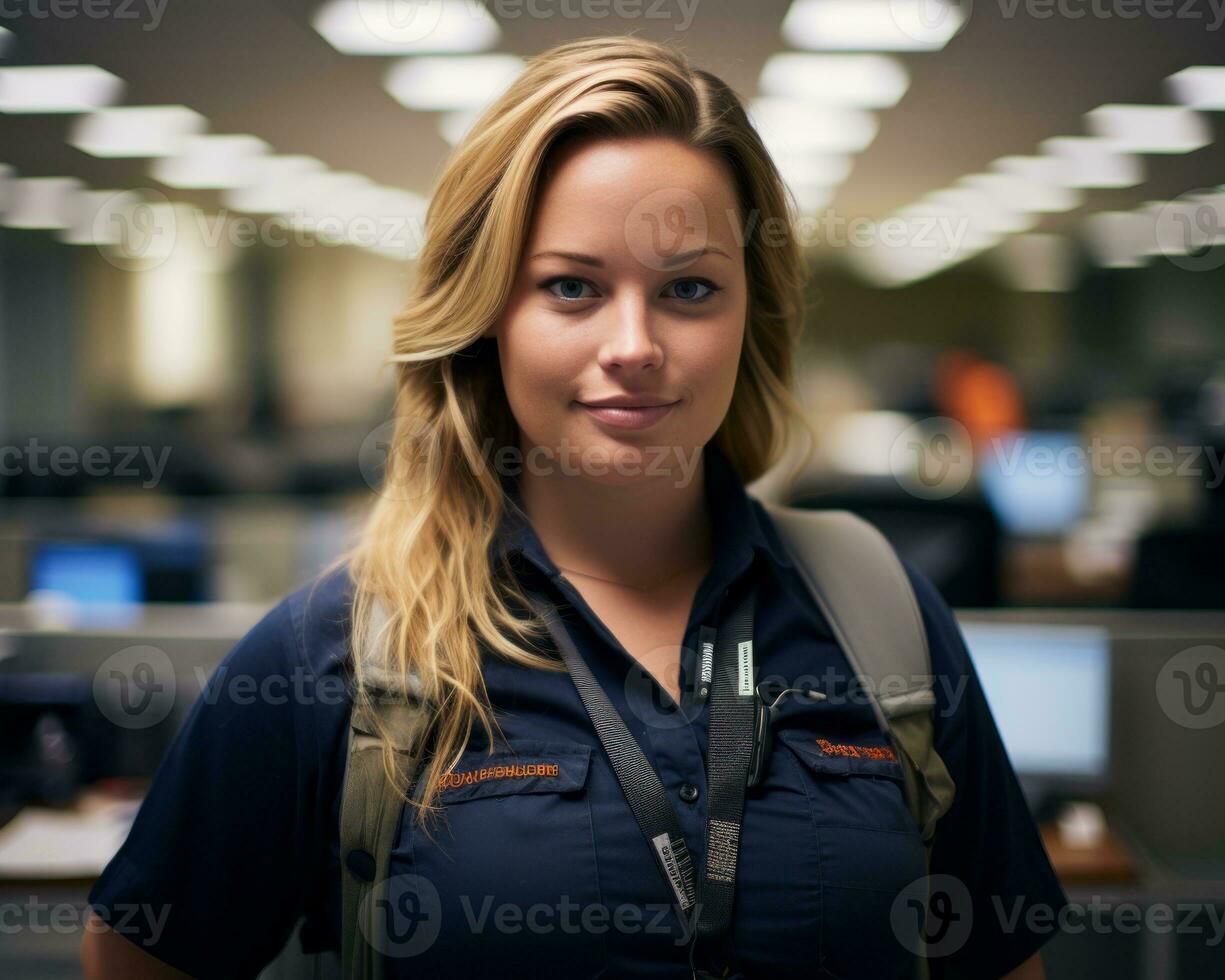 a woman in a blue shirt and black vest standing in an office generative ai photo