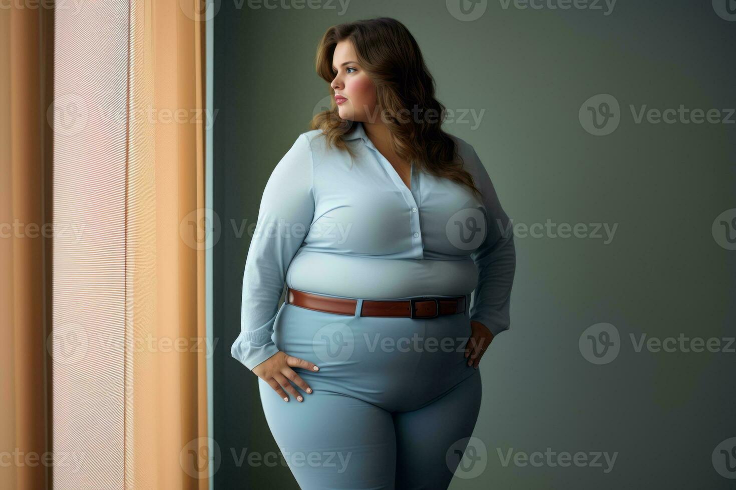 a woman in a blue shirt and pants standing by the window generative ai photo