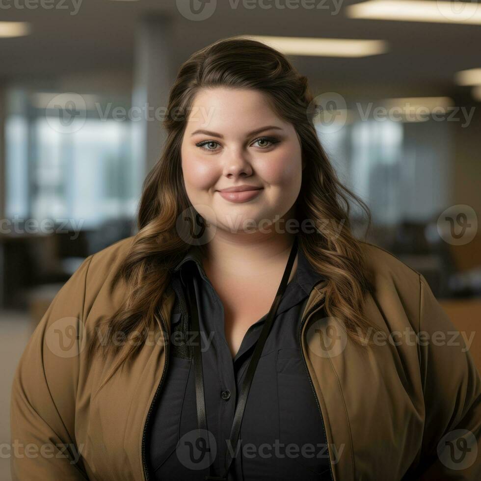 a woman in a brown jacket standing in an office generative ai photo