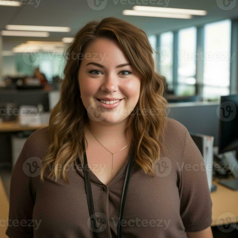 a woman in a brown shirt smiling at the camera generative ai photo