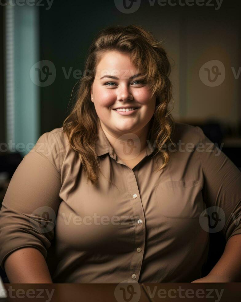 a woman in a brown shirt sitting at a table generative ai photo