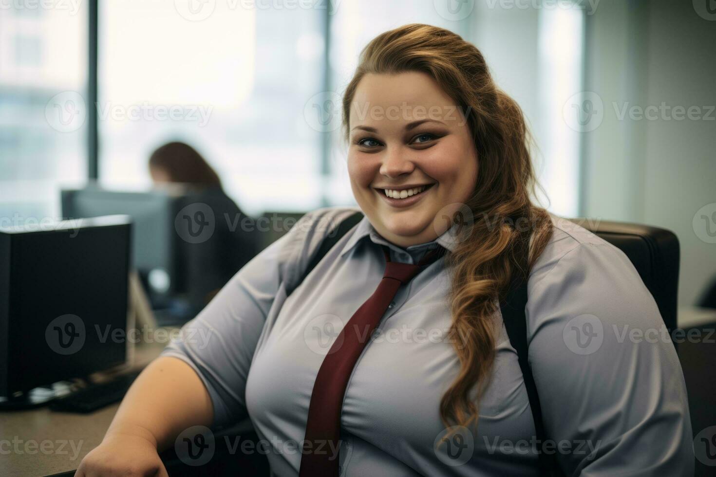 a woman in a business shirt and tie sitting at an office desk generative ai photo