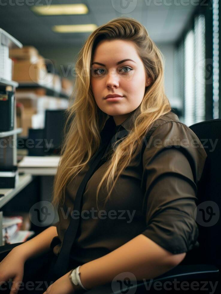a woman in a business shirt sitting at a desk generative ai photo