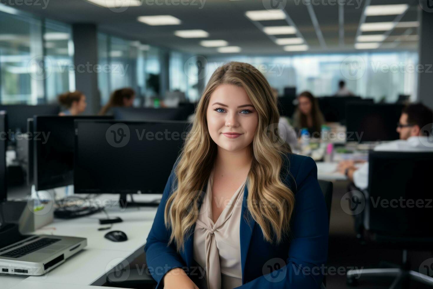 a woman in a business suit sitting at a desk in an office generative ai photo