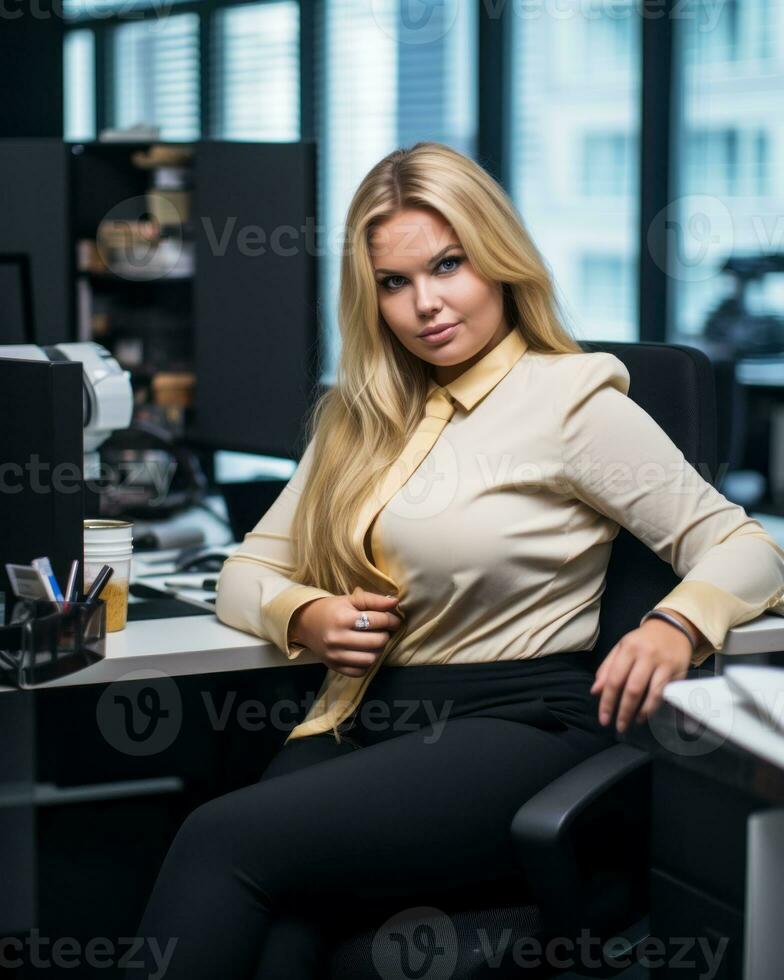 un mujer en un negocio traje sentado a un escritorio generativo ai foto