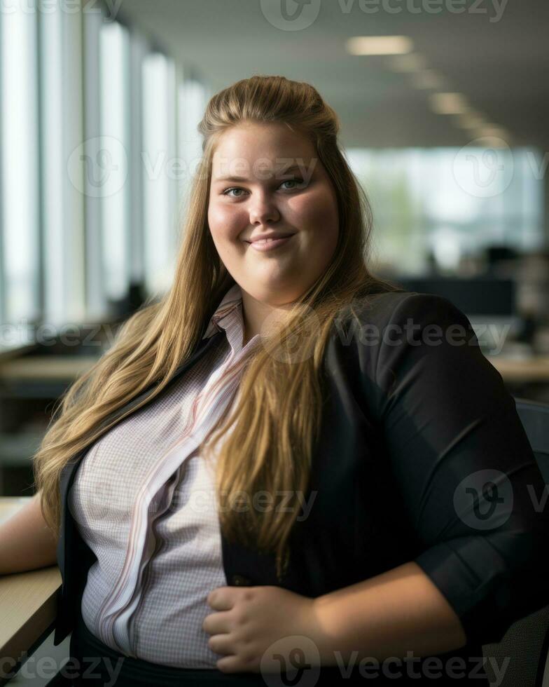 a woman in a business suit sitting at a desk generative ai photo